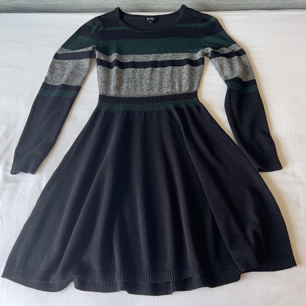By & By Women Medium Black Green Striped Long Sleeve Fit & Flare Sweater Dress